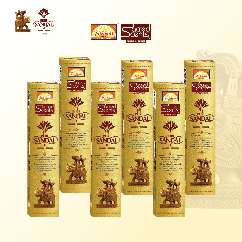 Parimal Pure Sandal Hand Rolled Agarbathi (72-80 Sticks) (144 gm) | Burning Time 45-60 Min | Natural Incense with Sandal & Resin| Fresh Fragrance for Meditation & Relaxation | Each 24 Gram | Pack of 6