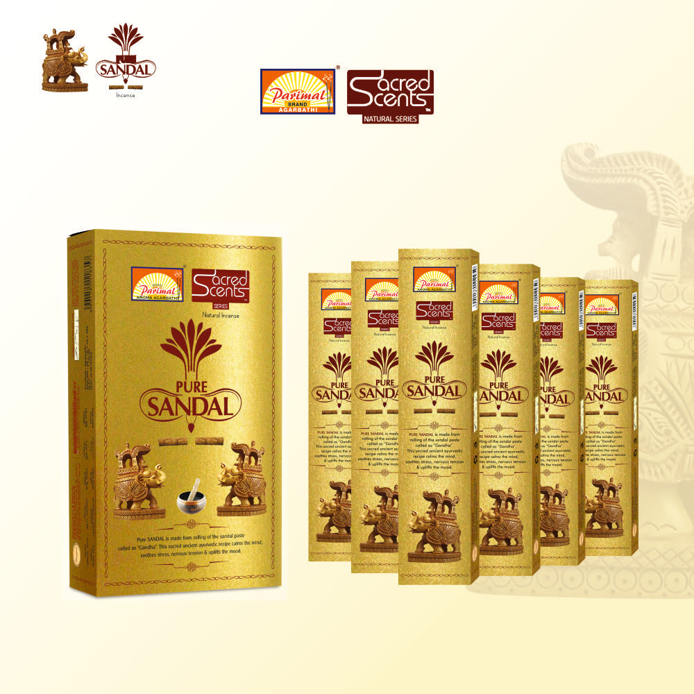 Parimal Pure Sandal Hand Rolled Agarbathi (72-80 Sticks) (144 gm) | Burning Time 45-60 Min | Natural Incense with Sandal & Resin| Fresh Fragrance for Meditation & Relaxation | Each 24 Gram | Pack of 6