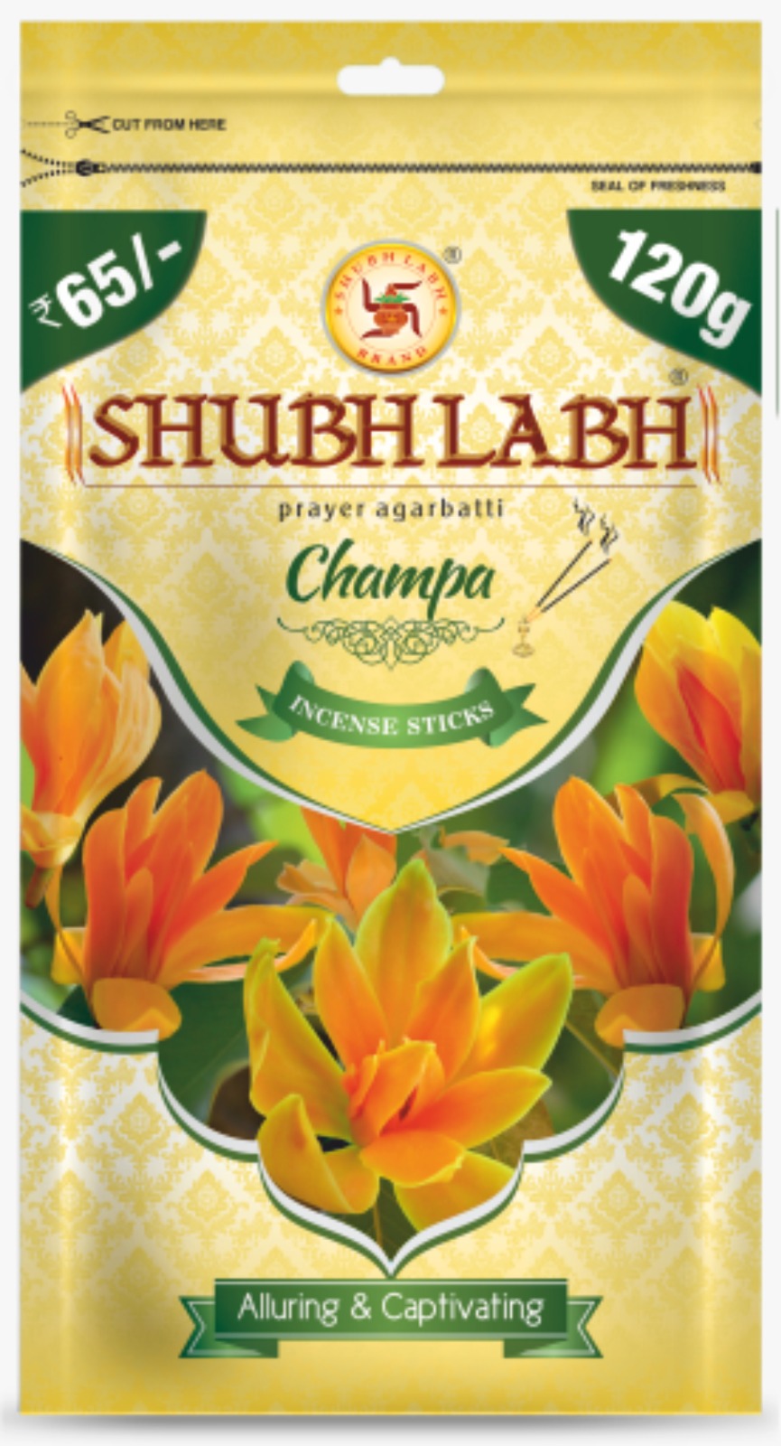 Shubh Labh Prayer Agarbathi/Incense Sticks Zipper  |  45–50 Min Burn | Champa Agarbati for Pooja |120 G Each| Pack of 5 |