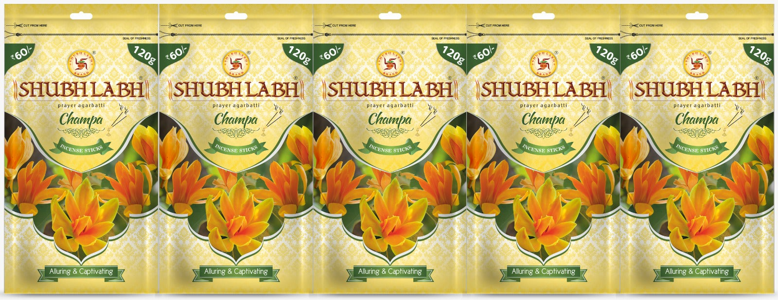Shubh Labh Prayer Agarbathi/Incense Sticks Zipper  |  45–50 Min Burn | Champa Agarbati for Pooja |120 G Each| Pack of 5 |