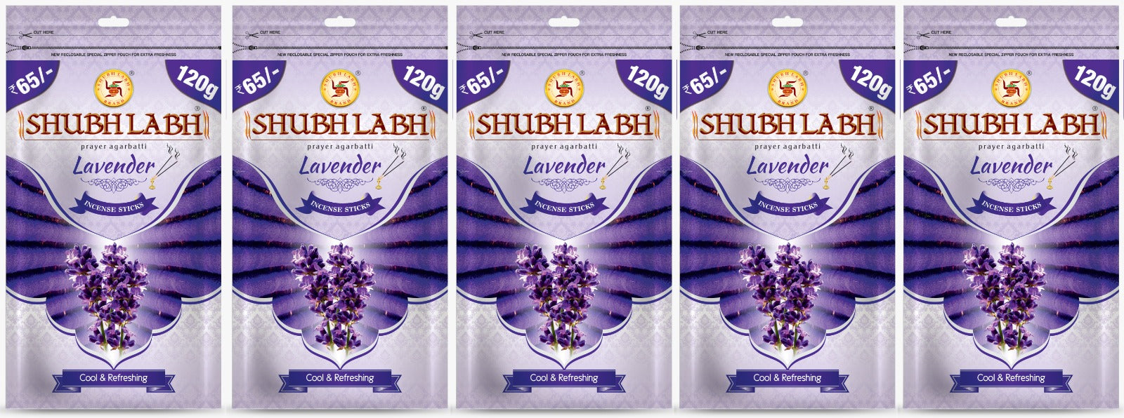 Shubh Labh Prayer Agarbathi/Incense Sticks Zipper | Flower Incense Sticks | 45–50 Min Burn | Lavender Agarbatti for Pooja |120 Gm Each|Pack of 5