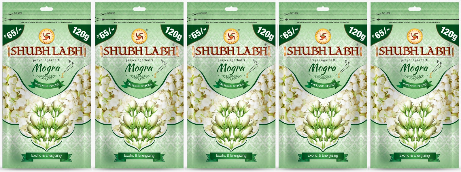 Shubh Labh Prayer Agarbathi/Incense Sticks Zipper | | 45–50 Min Burn | Mogra Agarbatti for Pooja |120 Gm Each|Pack of 5 |