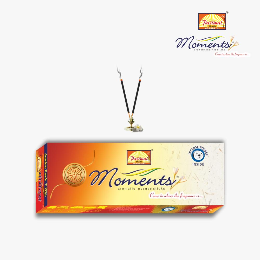 Parimal Moments Premium Incense/Agarbathi Sticks | Jumbo Value Pack (150g x 3 = 450g) | Sandalwood, Amber & Musk Scent | 45–50 Min Burn | Free Incense Holder in Each Pack | Pack of 3