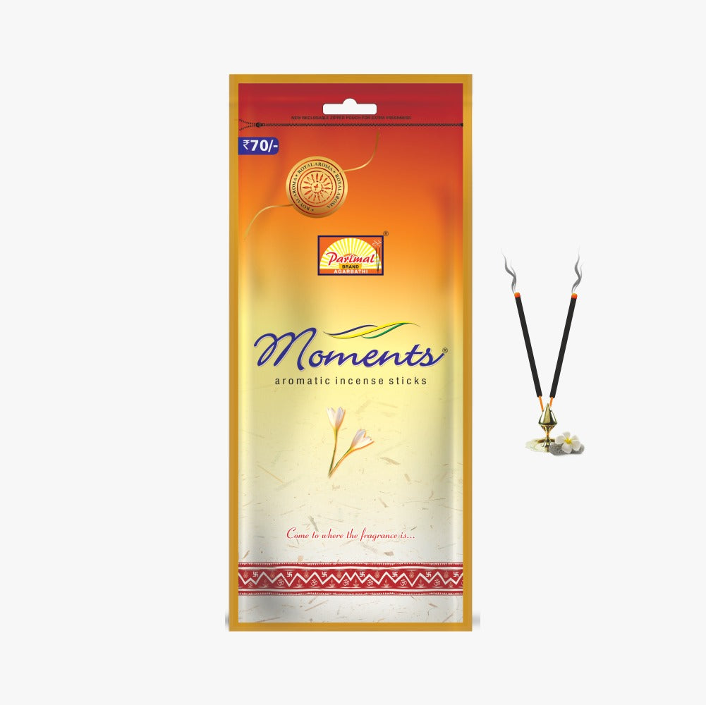 Parimal Moments Premium Incense/Agarbathi Sticks | Zipper Pouch - 90G X 3 = 270 G | Sandalwood, Amber & Musk Scent | 45–50 Min Burn | Pack of 3