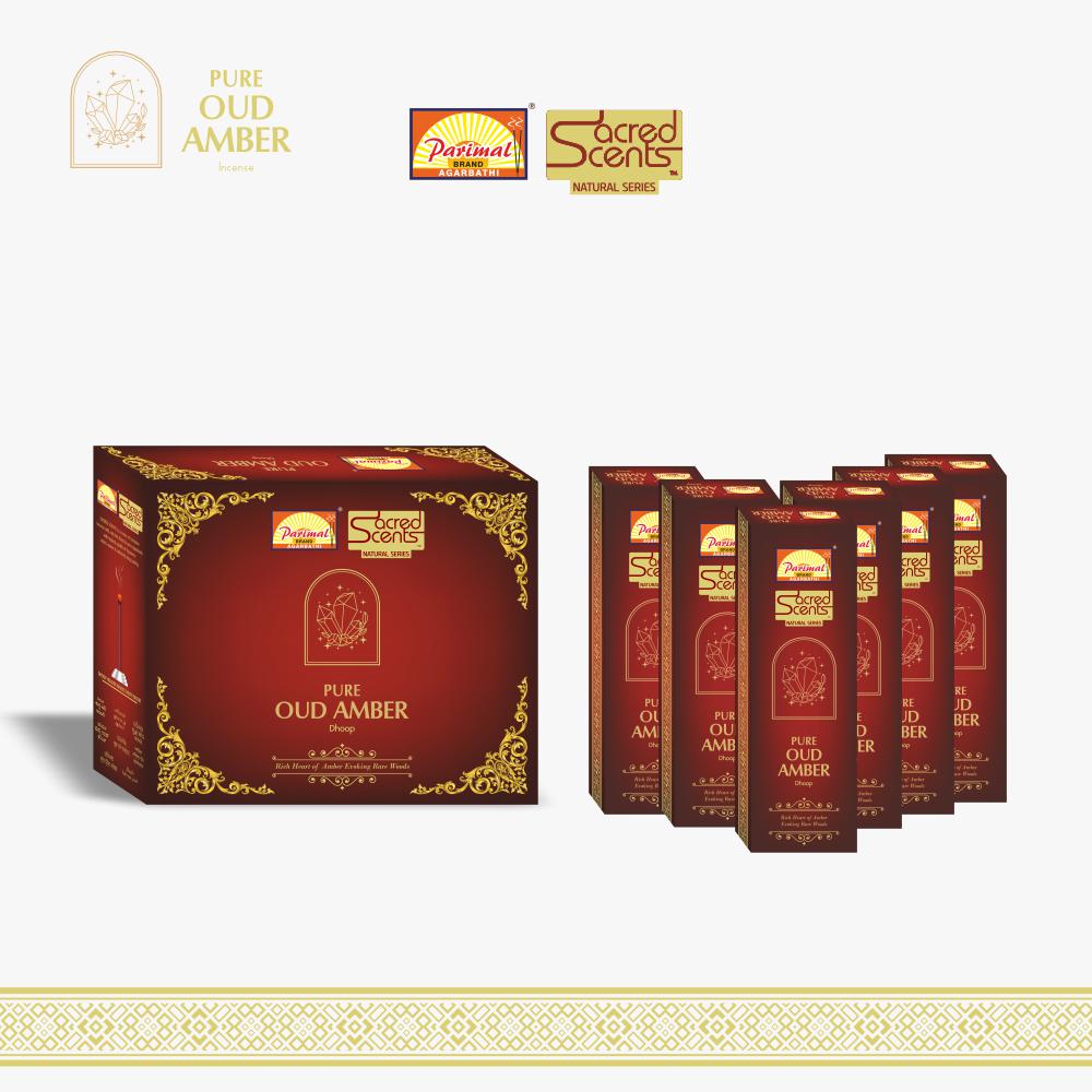Parimal Pure Amber Oudh Dhoop/Dhup Sticks (78–88) (240g) | 45–60 Min Burn | Amber Oud dhup batti | Bamboo-Less Incense | Each Pack 40G | Rich, Long-Lasting Fragrance | Dhoop Holder Inside | Pack of 6