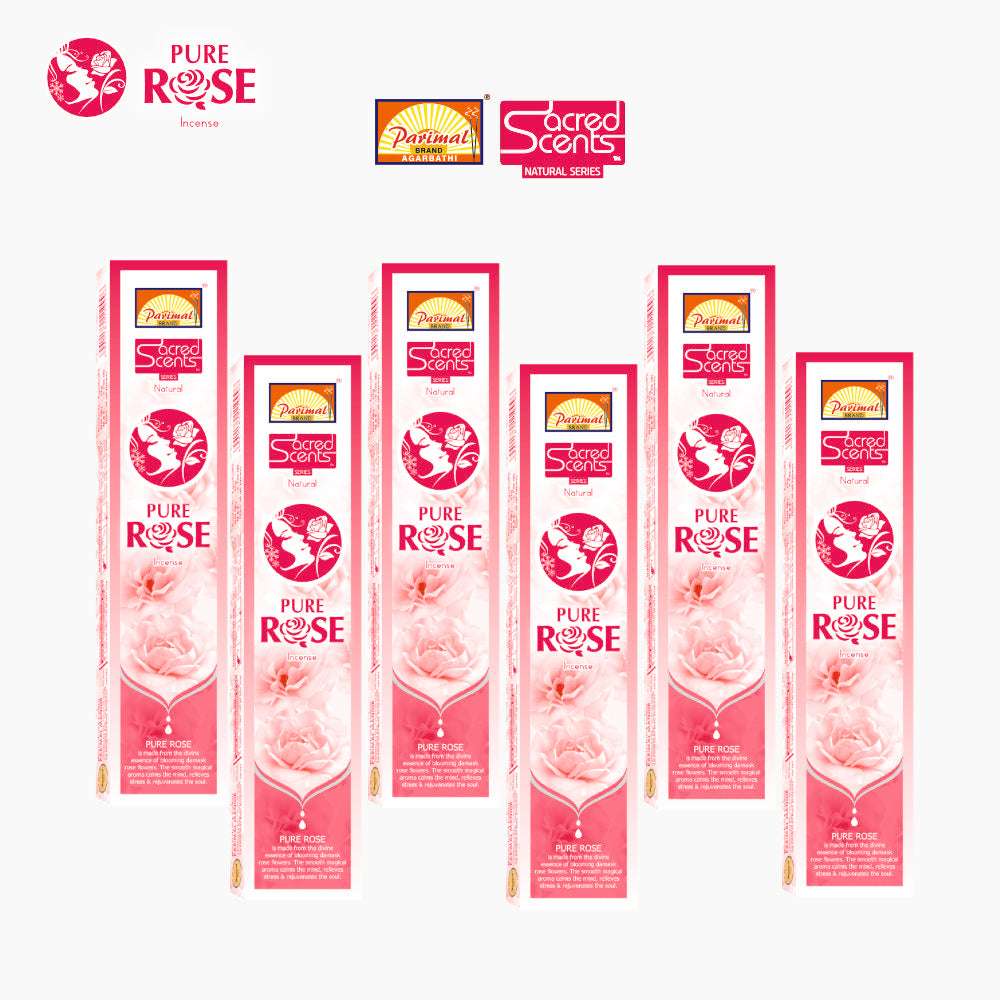 Parimal Pure Rose Agarbatti (75-85 Sticks) (144 gm) | Burning Time - 45-60 Min | Sacred Scents Natural Incense Sticks | Fresh Rose Fragrance for Meditation, Relaxation & Home | (Pack of 6, 24g Each)