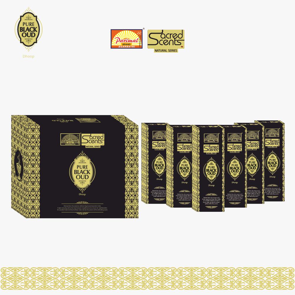 Parimal Pure Black Oud Dhoop/Dhup Sticks (72–85) (240g) | 45–60 Min Burn | dhup batti for puja | Bamboo-Less Incense | Each Pack 40G | Rich, Long-Lasting Fragrance | Dhoop Holder Inside | Pack of 6