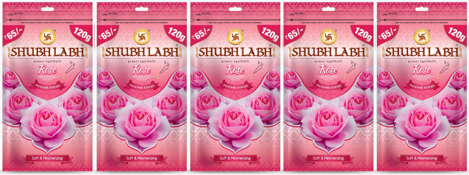 Shubh Labh Prayer Agarbathi/Incense Sticks Zipper | Rose Fragrance | Rose Agarbatti for Pooja | 120 Gm Each | Pack of 5 |