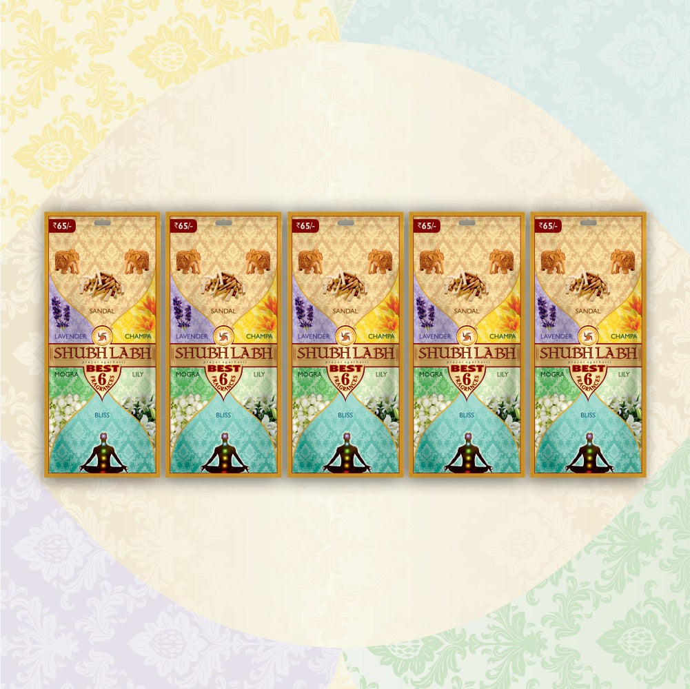 Shubh Labh Assorted Agarbathi/Incense Sticks Zipper (200 Sticks) (600gm) | Sandal, Lavender, Mogra, Lilly, Bliss, Champa |Flower Incense Sticks |45–50 Burn| Agarbati for Pooja |120 G Each|Pack of 5 |