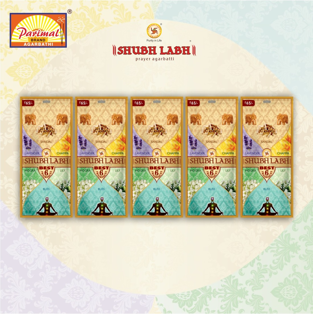 Shubh Labh Assorted Agarbathi/Incense Sticks Zipper (510 Sticks) (750gm) | Sandal, Lavender, Mogra, Lilly, Bliss, Champa |Flower Incense Sticks |45–50 Burn| Agarbati for Pooja |250 Gm Each|Pack of 3 |