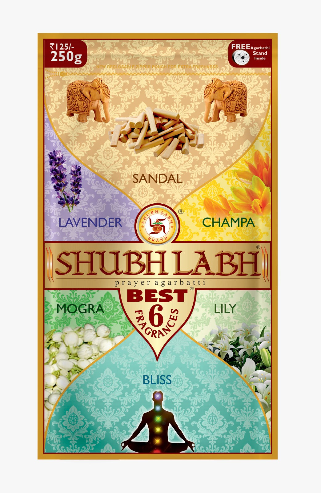 Shubh Labh Assorted Agarbathi/Incense Sticks Zipper (510 Sticks) (750gm) | Sandal, Lavender, Mogra, Lilly, Bliss, Champa |Flower Incense Sticks |45–50 Burn| Agarbati for Pooja |250 Gm Each|Pack of 3 |