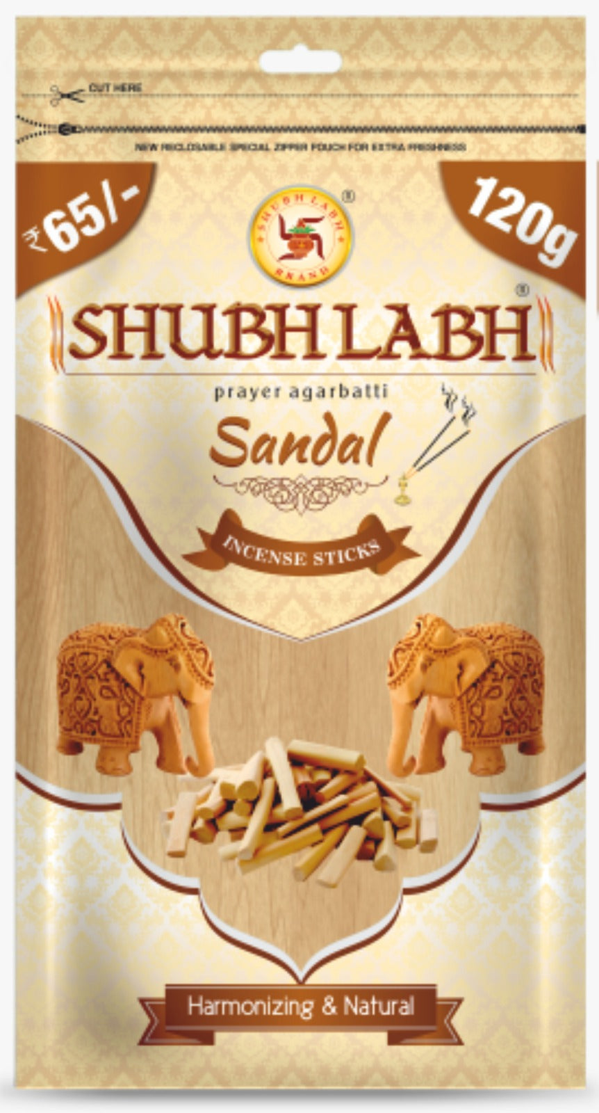 Shubh Labh Prayer Agarbathi/Incense Sticks Sandal Zipper | 45–50 Min Burn | Sandal Agarbati for Pooja | Pack of 5 |