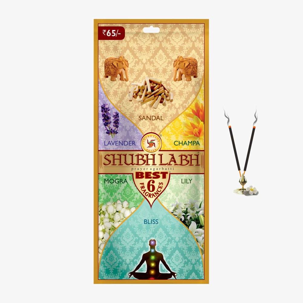 Shubh Labh Assorted Agarbathi/Incense Sticks Zipper (200 Sticks) (600gm) | Sandal, Lavender, Mogra, Lilly, Bliss, Champa |Flower Incense Sticks |45–50 Burn| Agarbati for Pooja |120 G Each|Pack of 5 |