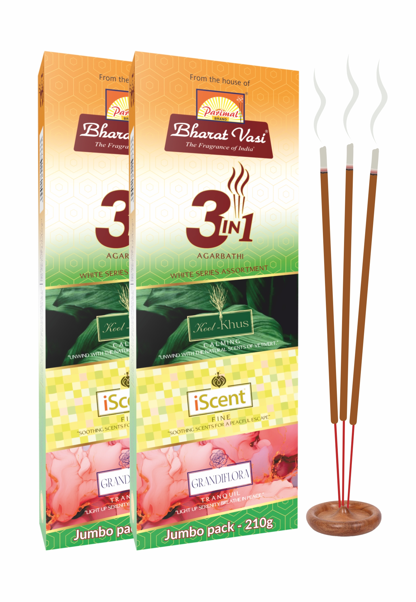Parimal 3 in 1 Jumbo  Incense Sticks | Kool Khus, Iscent & Grandiflora Fragrance | Long Lasting Agarbatti for Puja, Meditation & Home Fragrance | Natural Aroma | 210g x 2 Packs (420g)